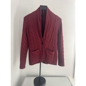 Talbots Cable Knit Sweater Blazer‎ Sz S Petite Burgundy Wool Blend Shawl Collar